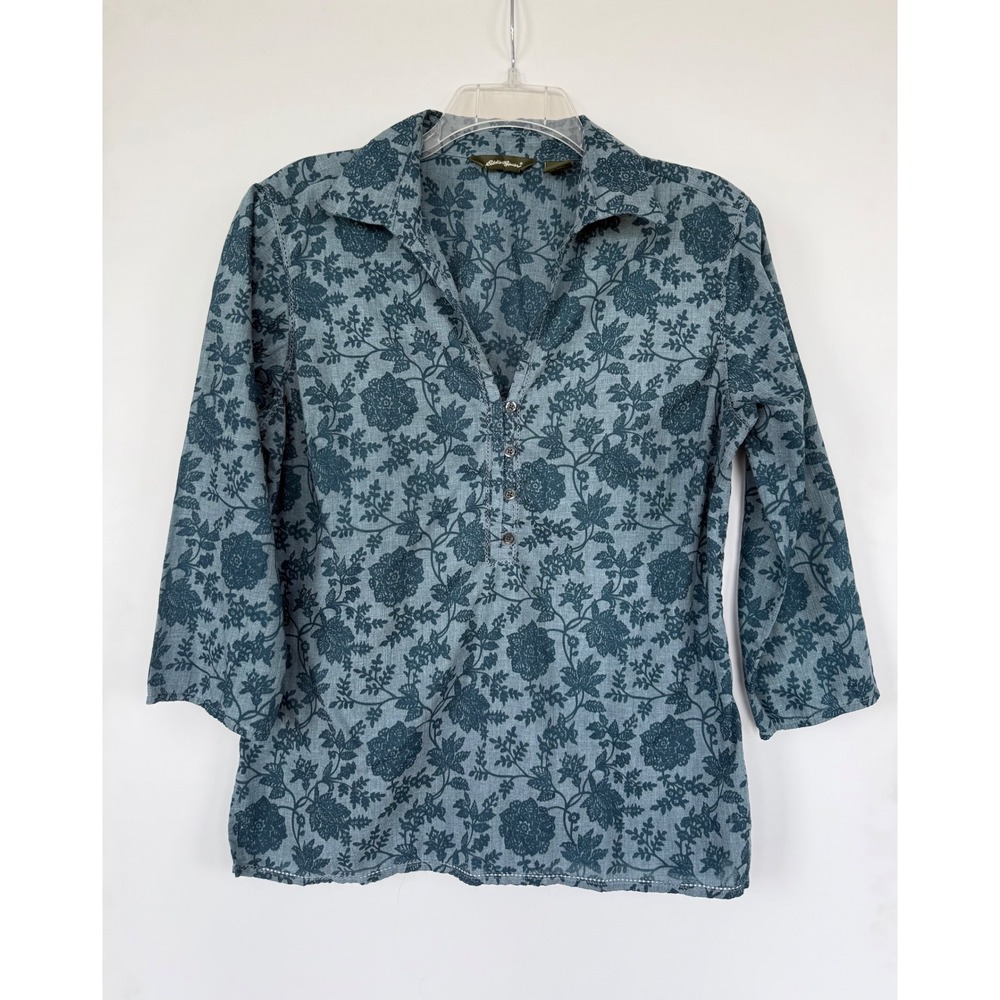 Eddie Bauer Women's Floral Henley Tunic Top Teal Grey 3/4 Sleeve Size M Romantic